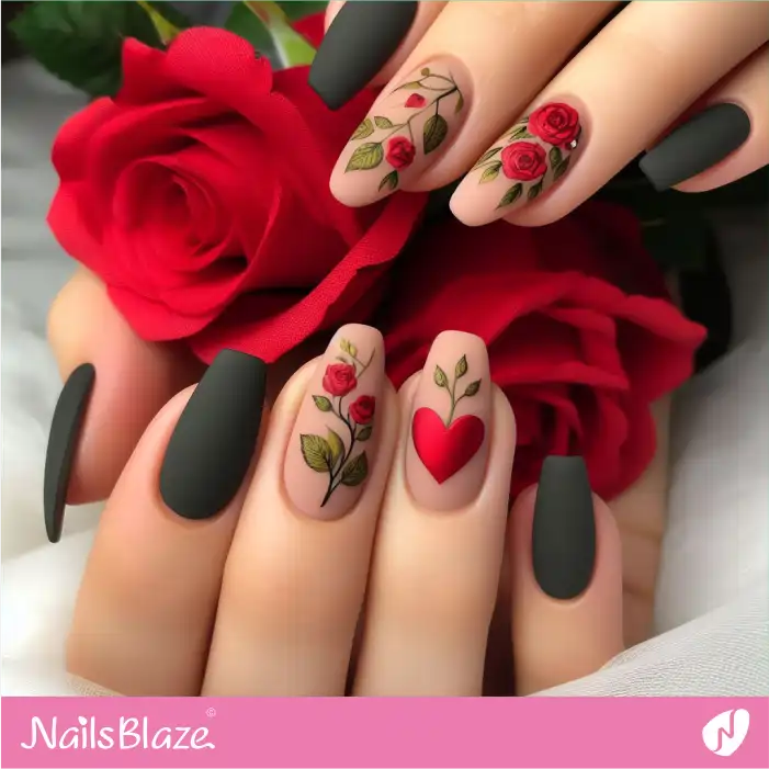 Rose Flowers and a Heart Nail Design for Love Day | Valentine Nails - NB2132